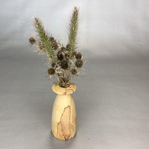 May include: A light-coloured wooden bud vase with a flared rim and natural wood grain patterns, containing a small arrangement of dried green foxtail grasses and brown, spiky, spherical thistle-like seed heads with thin, delicate stems.