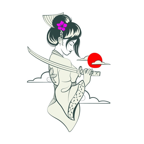 samurai woman, tattoo, t-shirt, sweatshirt, illustrator, digital, digital product