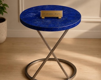 Lapis Lazuli Inlay Side Table | Luxury Blue Gemstone Nightstand | Black & Gold Modern Accent Table | Handmade Marble Inlay Furniture