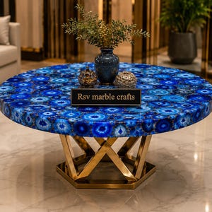 Mesa de centro redonda de ágata azul hecha a mano, mesa de piedra geoda de lujo para sala de estar, mueble de piedras preciosas naturales, decoración moderna para el hogar, regalo