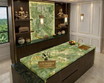 Anpassad köksö i grön onyx | Lyxig köksö i natursten | Handgjord bänkskiva i grön onyx | Modern köksinredning
