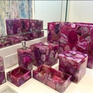 Pink Agate Stones bathroom set, Luxury Bathroom Vanity set , Bathroom Accessories Handmade Set