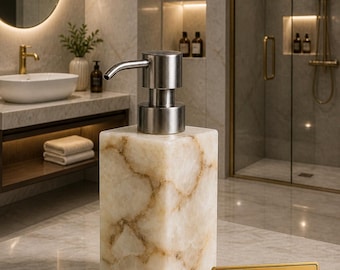 Agate Soap Dispenser Natural Stone | Liquid Soap Pump Bottle Luxury Bathroom Accessory | Handmade Gemstone Decor Kitchen & Vanity Organizer