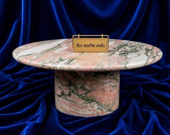 Zeldzame Four Seasons roze marmeren salontafel | Luxe Breccia marmeren sokkeltafel | Handgemaakt modern statementmeubilair