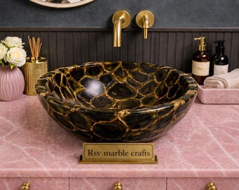 Natural Black Agate Stone Vessel Sink Handmade Luxury Bathroom Basin Crystal Gemstone Countertop Vanity Sink Unique Home Decor Wash Basin