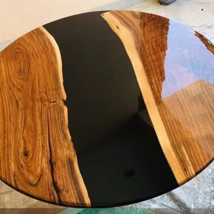 Glossy Black Epoxy Olive Wood Round Table - Dining Table - Diameter Olive Wood Table - Round Coffee Table - Meeting Table - Office Table
