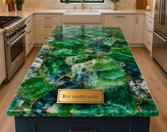 Custom Green Fluorite Kitchen Island Slab | Luxury Gemstone Countertop | Semi-Precious Stone Statement Surface | Crystal Home Decor