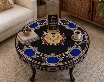 Tablero de mármol negro con incrustaciones de lapislázuli y piedras preciosas, mesa de centro de lujo hecha a mano, centro de mesa de mármol con decoración de piedras semipreciosas