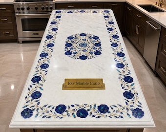 Pietra Dura White Marble Inlay Table Top|Lapis Lazuli Floral Design|Taj Mahal Style Dining Table Handmade Luxury Marble Coffee Table