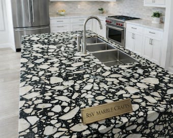 Custom Black Terrazzo Kitchen Island, Handmade Luxury Stone Island Countertop, Modern Kitchen Center Table, Bespoke Terrazzo Furniture Decor