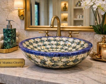 Impresionante lavabo de concha de abulón y lapislázuli, lavabo de lujo con piedras preciosas, lavabo de baño hecho a mano, lavabo único de piedra de concha.
