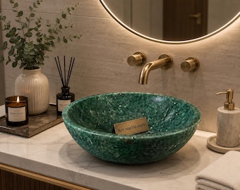 Natural Green Aventurine Vessel Sink | Handcrafted Solid Stone Bathroom Basin | Luxury Round Countertop Bowl Sink | Crystal Vanity Decor