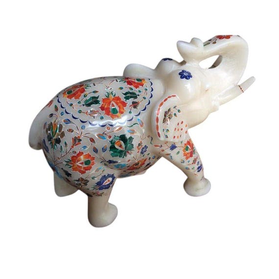 6インチ ホワイト 大理石 象の彫刻 半貴石 ショーピース 彫像 寄木細工