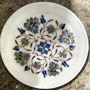 White Marble Serving Plate Hand Crafted Inlay Floral Art 15&quot; inch Precious Abalone Shell Stone Luxury Marquetry Occasional Housewarming Deco