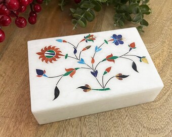 宝石象嵌大理石の記念品ボックス｜手作りインド製ジュエリーボックス