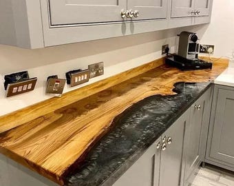 Aanrechtblad van aangepaste epoxyhars: zwarte harsinleg, moderne stijl uit het midden van de eeuw