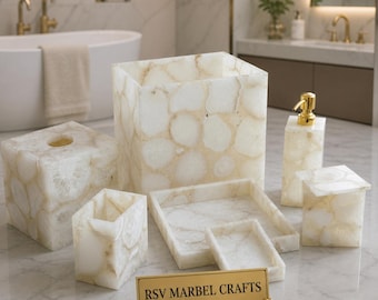 White Agate Bathroom Set | Luxury Crystal Bathroom Accessories | Handmade Gemstone Decor Set | Soap Dispenser, Tissue Box, Vanity Tray