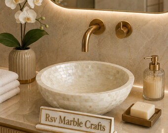 Mother of Pearl Marble Sink | Luxury Inlay Bathroom Basin | Handmade Shell Stone Vessel Sink | Iridescent Vanity Bowl |Unique Bathroom Decor
