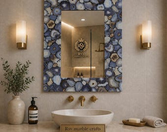 Op maat gemaakte grijze agaatschijf wandspiegel|Handgemaakte natuursteen spiegel|Luxe edelsteen wanddecoratie|Moderne badkamer make-upspiegel|Custom Home Deco