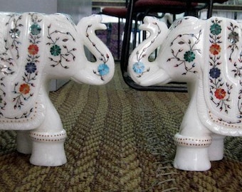 6インチの白い大理石の象の像：寄木細工の宝石象嵌 - Etsy 日本