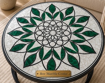 Plateau de table rond vert émeraude en malachite - nacre et mosaïque de marbre noir, décoration de salon luxueuse
