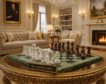 Marmeren schaakset met schaakstukken | Handgemaakt stenen schaakbordspel | Luxe marmeren schaakbord | Decoratief spel voor op tafel