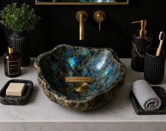Lavabo de piedra labradorita pulida / Lavabo de baño de piedra preciosa hecho a mano / Lavabo de encimera de lujo / Lavabo único de piedra natural