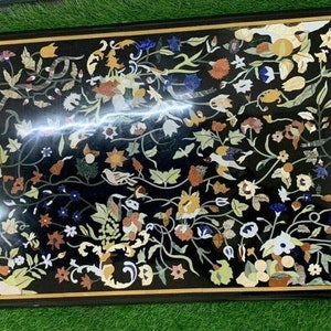 Marble Inlaid Table with Semi-Precious Pietra Dura Design - Unique Rectangular Pietradura Inlay Table