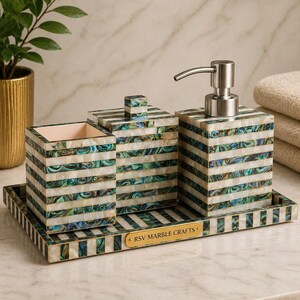 Luxus Perlmutt & Abalone Shell Badezimmer Zubehör Set | Handgefertigter Seifenspender Zahnbürstenhalter Tablett Decor | Elegantes Vanity Set Geschenk