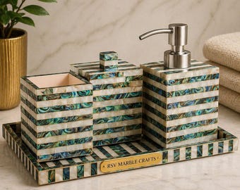 Luxury Mother of Pearl & Abalone Shell Bathroom Accessory Set| Handmade Soap Dispenser Toothbrush Holder Tray Decor| Elegant Vanity Set Gift