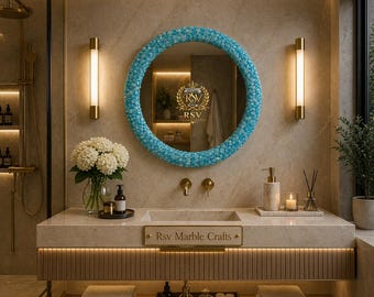 Espejo de cristal de cuarzo turquesa, espejo de pared de piedras preciosas hecho a mano, espejo de tocador decorativo de lujo, espejo de baño de piedra natural para decoración del hogar, regalo