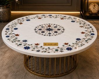 Luxury Marble Coffee Tabletop with Inlay Work | Handmade Stone Table | Custom Inlay Marble Table | Elegant Living Room Furniture