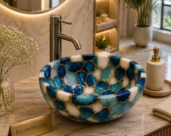 Lavabo de ágata azul y blanca – Lavabo de baño de cristal de lujo – Lavabo redondo de piedra hecho a mano – Decoración moderna para lavabo de baño