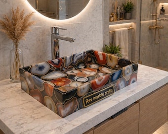 Premium Quality Rare Multicolored Agate Vessel Sink|Luxury Gemstone Bathroom Sink | Handmade Natural Stone Basin|Vanity Countertop Sink Deco