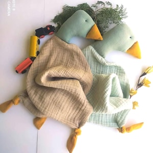 Personalized Mallard Duck Lovey,Muslin Security Blanket,New Baby Gift,Organic Goose Comforter,Handmade Stuffed Animal, Goose Birthday Gift
