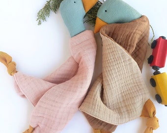 Organic Muslin Mallard Duck, Personalized Security Blanket,Embroidered Goose Lovey,Handmade Stuffed Animal Toy
