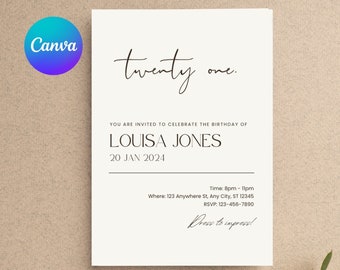 Invitación digital de cumpleaños número 21, invitación personalizada de cumpleaños número 21, invitación de cumpleaños personalizada, invitación mínima, invitación de descarga - Canva