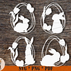 Osterdeko SVG digitaler Download, Papiergeschnittener Osterhase Tulpen-Ei-Rahmen SVG für Cricut, Osterhasen-Eier SVG für Schneidemaschine