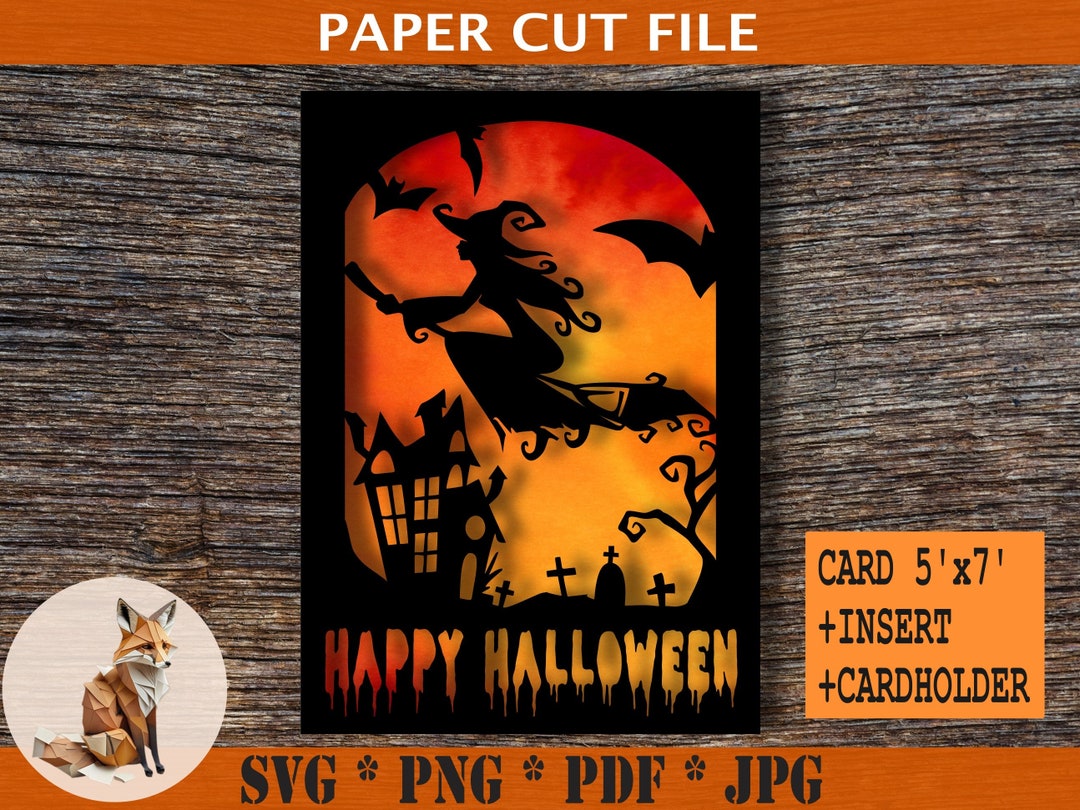 Halloween Card Witch on Broom SVG Digital Download Paper Cut Template ...