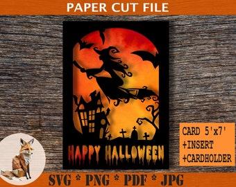 Carte d'Halloween sorcière SVG : modèle en papier découpé (téléchargement numérique)