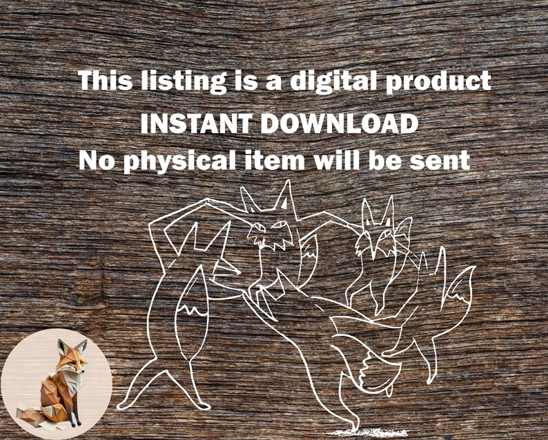 Może przedstawiać: Lista cyfrowego pobrania do drukowanej pracy origami z lisem. Lista zawiera napis "Ta oferta dotyczy produktu cyfrowego NATYCHMIASTOWE POBRANIE Nie zostanie wysłany żaden fizyczny przedmiot". Obraz przedstawia biały zarys trzech lis&oacute;w na brązowym tle z drewna. W lewym dolnym rogu obrazu znajduje się mały lis origami.