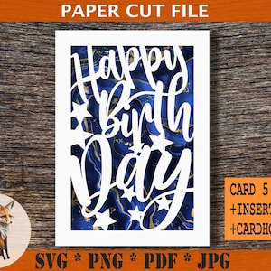 Joyeux anniversaire carte SVG téléchargement numérique, papier découpé coeur carte postale d'anniversaire pour homme plus insert coloré plus fichier porte-cartes gratuit