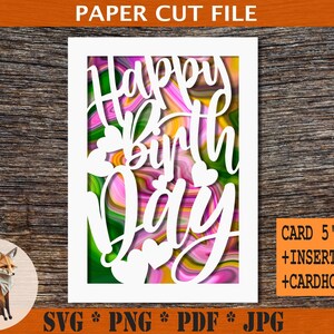 Carte de joyeux anniversaire SVG en téléchargement numérique, carte postale d'anniversaire coeur en papier découpé en papier, encarts colorés et fichier porte-cartes gratuit