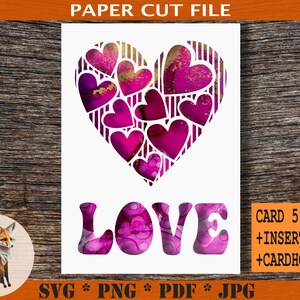 Tarjeta SVG de corazones de amor, tarjeta SVG PNG de un lado con corazón de amor para el día de San Valentín, tarjeta de regalo cortada en papel, más inserto y soporte para tarjetas gratis