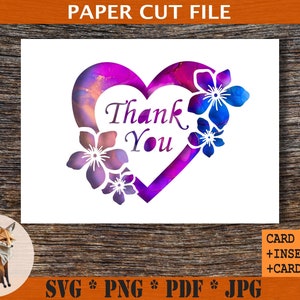 Digitale download bedankkaart SVG, hartbloemkaart, Thanksgiving cadeau-svg-bestand plus gratis inzetstuk en kaarthouder