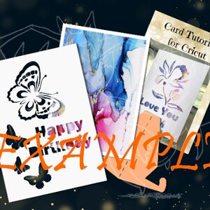 Może przedstawiać: Trzy karty z wyciętymi wzorami. Pierwsza karta ma czarnego motyla i napis "Happy Birthday". Druga karta ma abstrakcyjny wz&oacute;r w kolorze niebieskim i r&oacute;żowym. Trzecia karta ma biały wz&oacute;r kwiatu z napisem "Love You" i napisem "Samouczek kart dla Cricut".