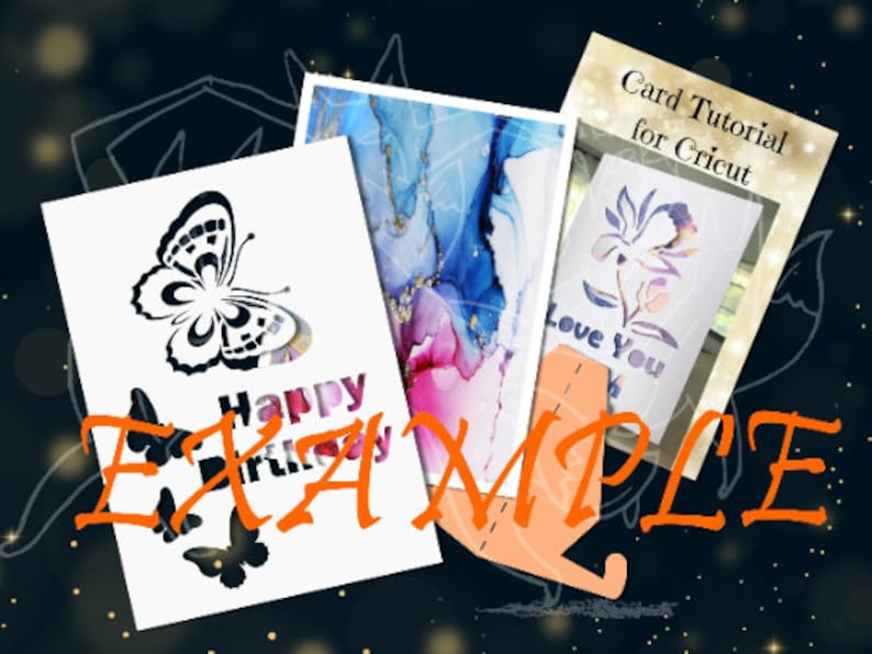 Może przedstawiać: Trzy karty z wyciętymi wzorami. Pierwsza karta ma czarnego motyla i napis "Happy Birthday". Druga karta ma abstrakcyjny wz&oacute;r w kolorze niebieskim i r&oacute;żowym. Trzecia karta ma biały wz&oacute;r kwiatu z napisem "Love You" i napisem "Samouczek kart dla Cricut".