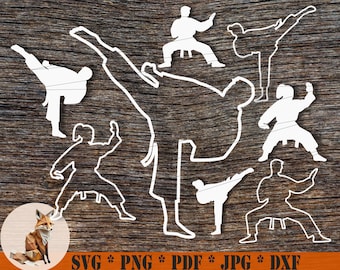 Peut inclure: Un ensemble de sept silhouettes blanches découpées de personnes dans différentes poses de karaté. Les découpes sont sur un fond en bois.