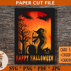 Joyeux Halloween sorcière carte SVG téléchargement numérique, modèle Papercut Halloween papier découpé + insert + fichiers de porte-cartes