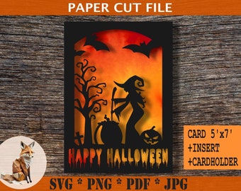 Happy Halloween Witch Card SVG digital download, Papercut Template Halloween Paper Cut + Insert + Card Holder Files